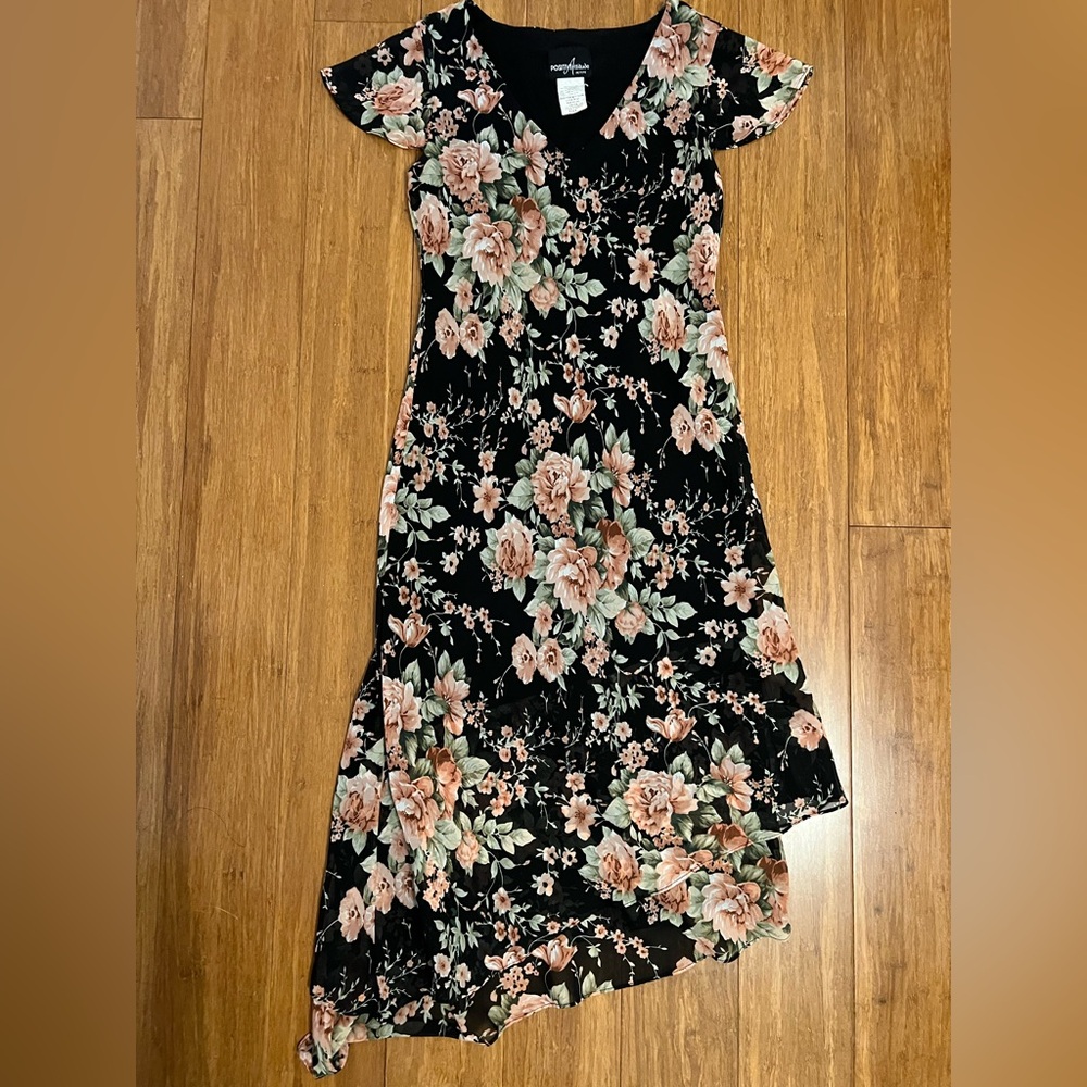 Vintage assymetrical hem floral midi dress